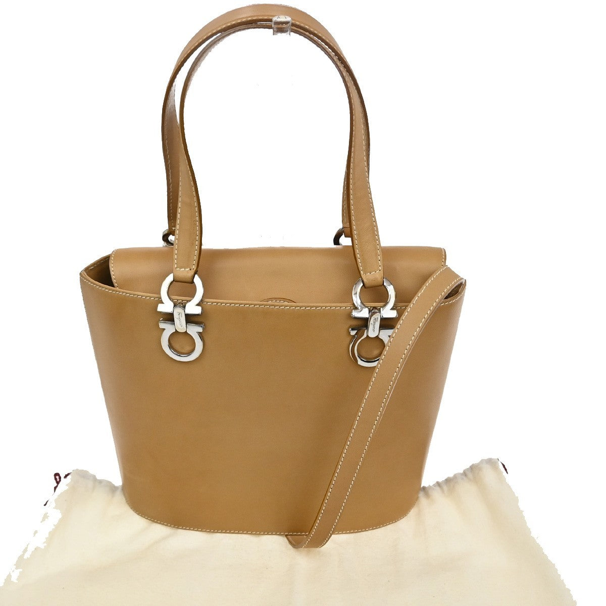 SALVATORE FERRAGAMO Gancini 2Way Shoulder Hand Bag Leather Brown Silver 36TA414
