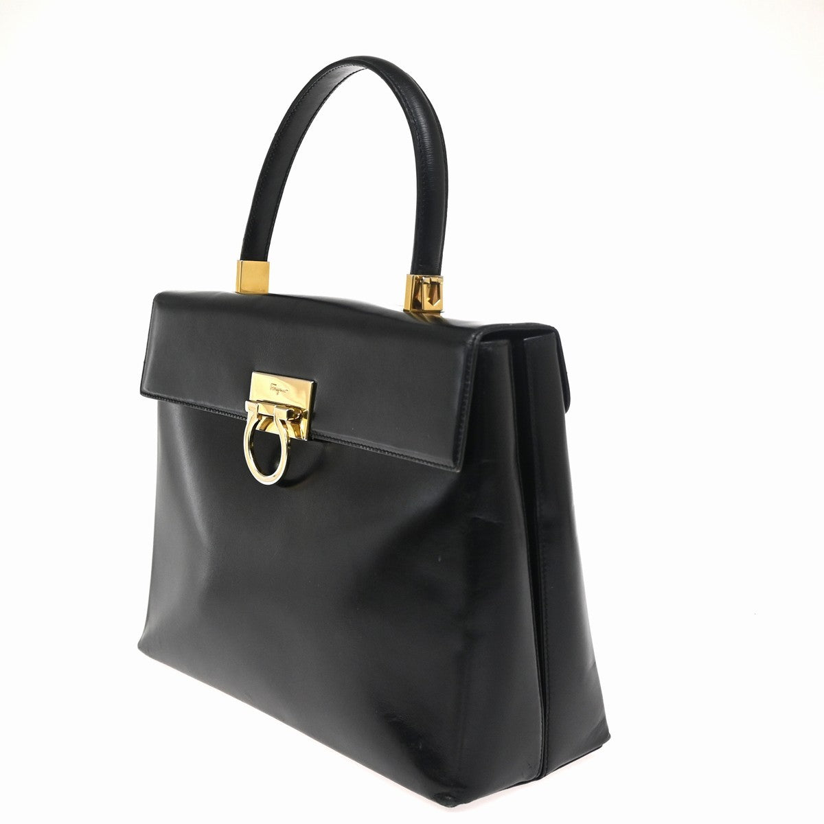 SALVATORE FERRAGAMO Logo Gancini Hand Bag Leather Black GHW Italy 62ZA115
