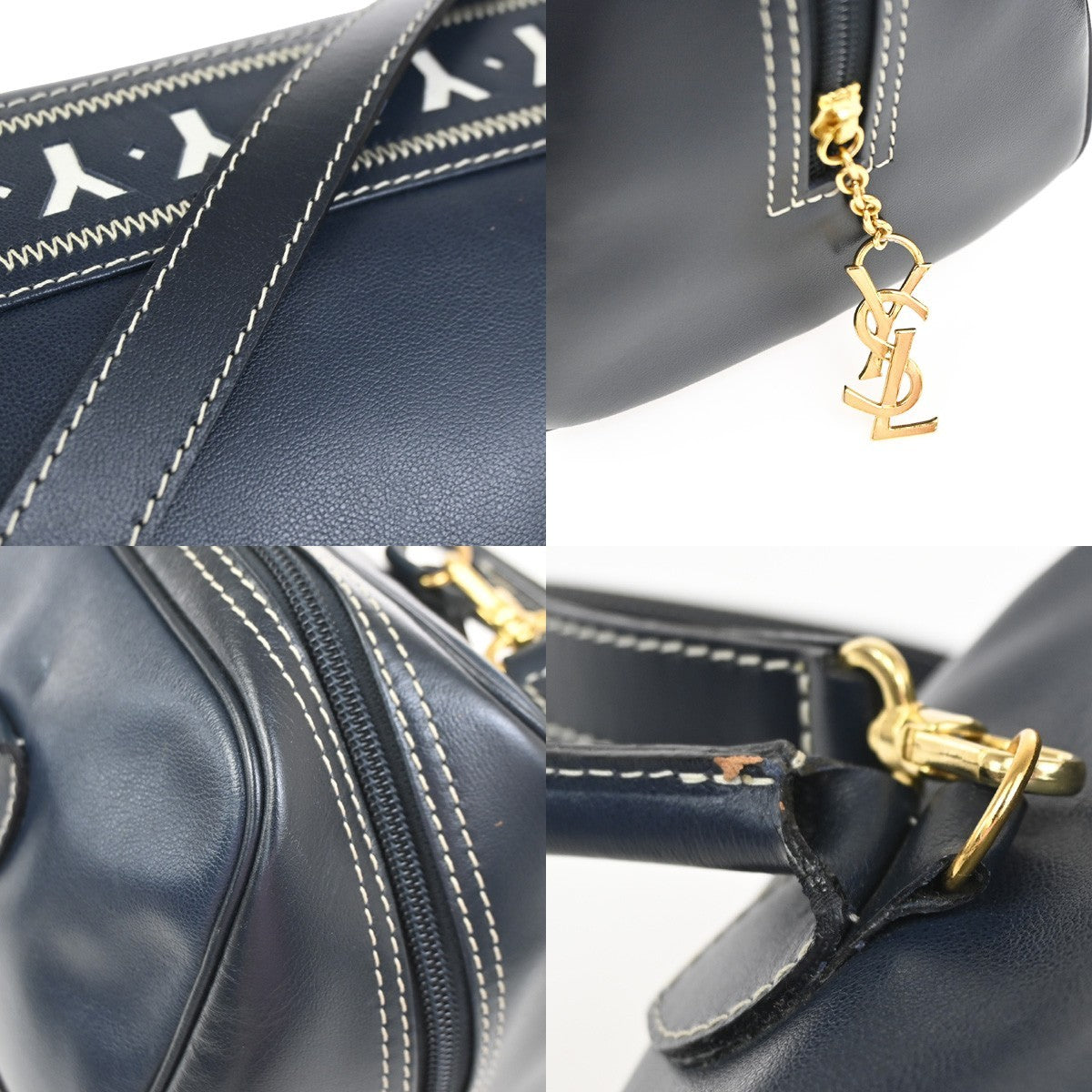 YVES SAINT LAURENT Y Logo 2Way Shoulder Hand Bag Leather Navy Blue GHW 18YJ011