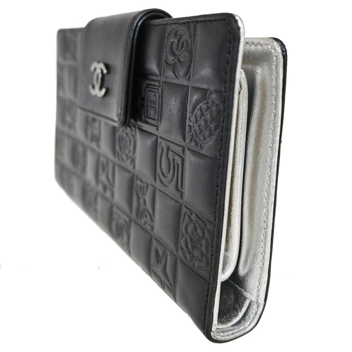 CHANEL CC Logo Icon Long Bifold Wallet Purse Leather Black SHW Italy 82RJ306