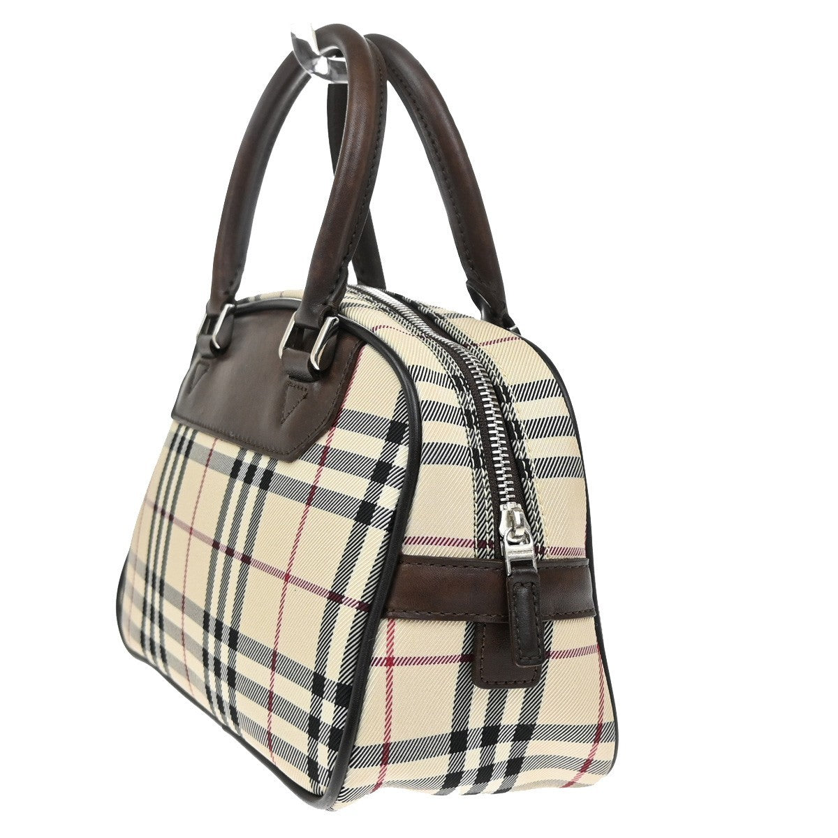 BURBERRY Logo Nova Check Hand Bag Canvas Leather Brown Silver 38KB493