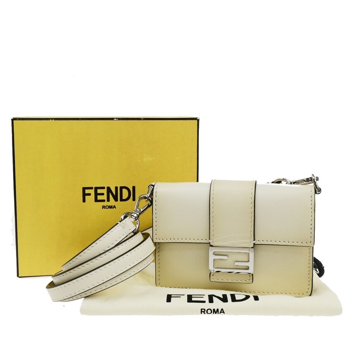 FENDI Logo Mini Flat Baguette Shoulder Bag Wallet Leather White 7M0311 89ED465