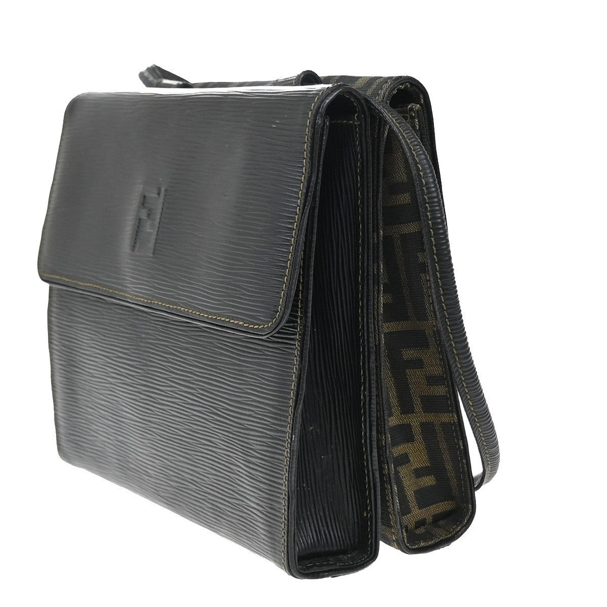 FENDI Logo Zucca Pattern Shoulder Bag Canvas Leather Brown Black GHW 76KP016