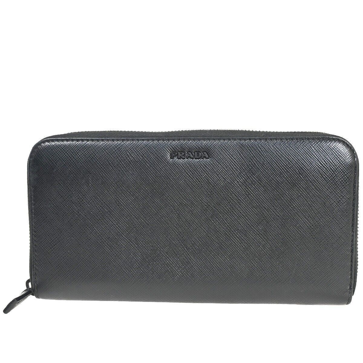 PRADA Logo Saffiano Long Bifold Wallet Purse Leather Black Silver Italy 87RH021