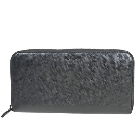 PRADA Logo Saffiano Long Bifold Wallet Purse Leather Black Silver Italy 87RH021