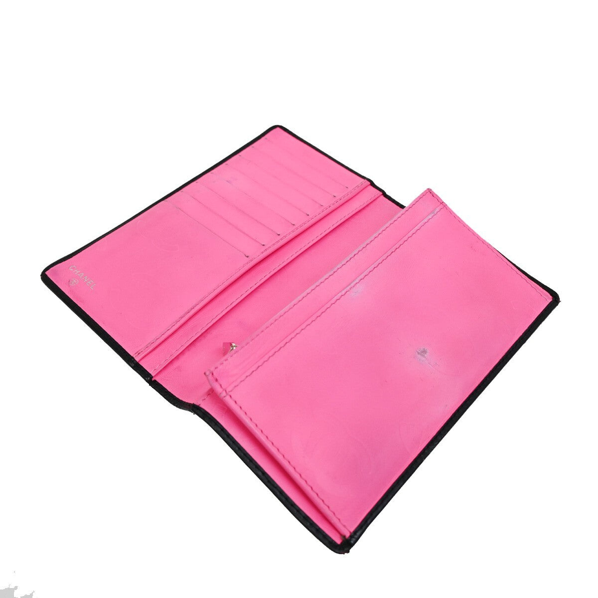 CHANEL CC Cambon Bifold Vertical Long Wallet Patent Leather Black Pink 67EE285