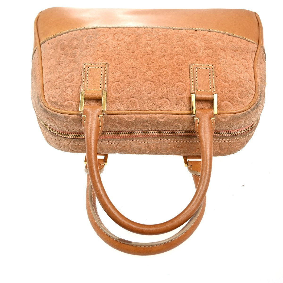 CELINE Logo C Macadam Pattern Hand Bag Suede Leather Orange Brown Italy 68MA192