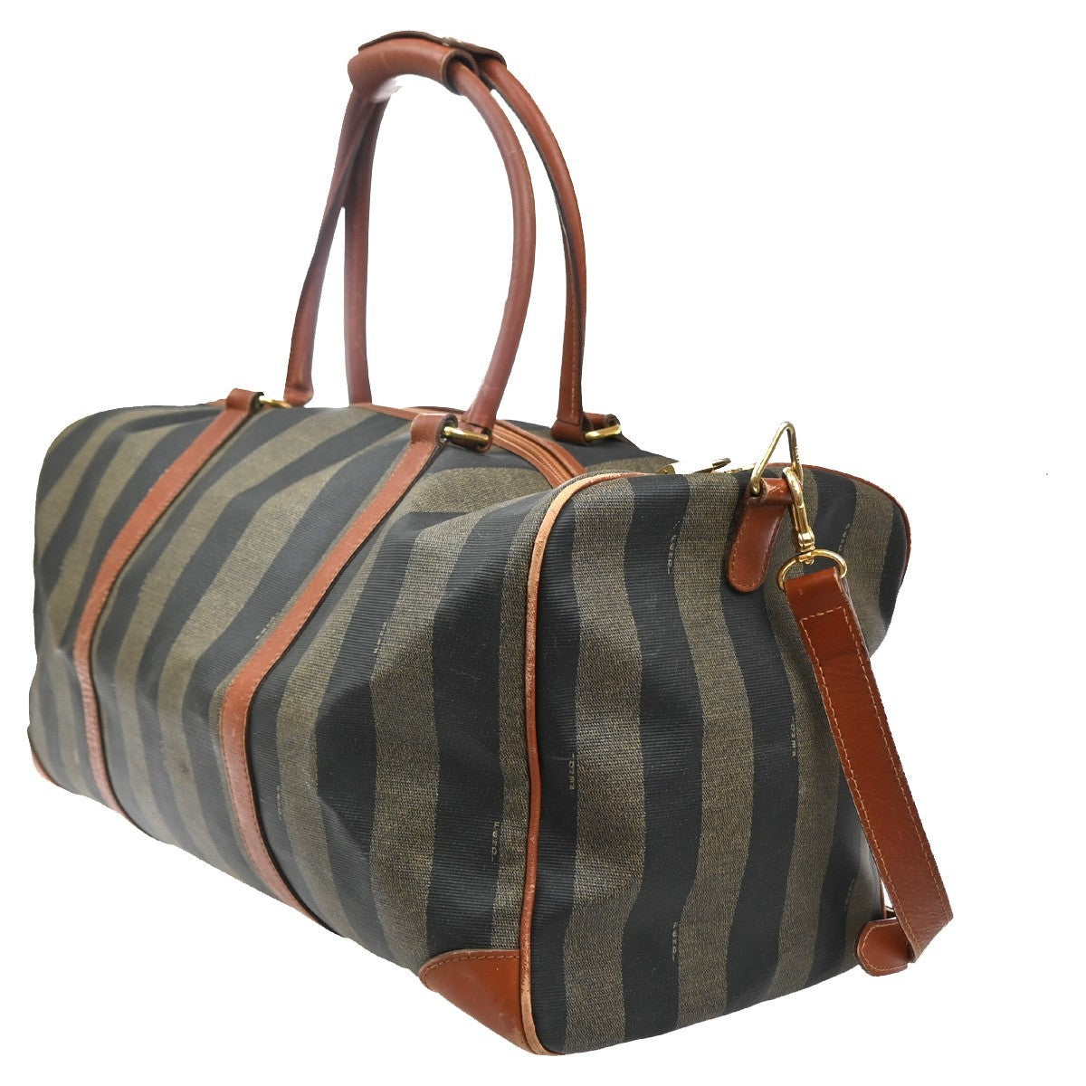 FENDI Logo Pequin Travel Boston 2Way Hand Bag PVC Leather Brown Italy 30YJ156