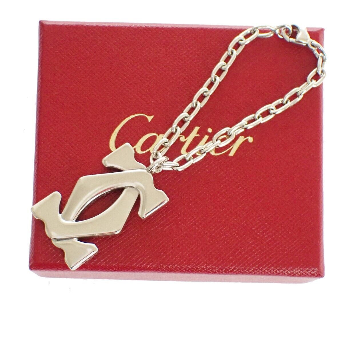 CARTIER 2C Logo Chain Necklace Top Charm  Key Ring Silver ACCESSORY 01SH128