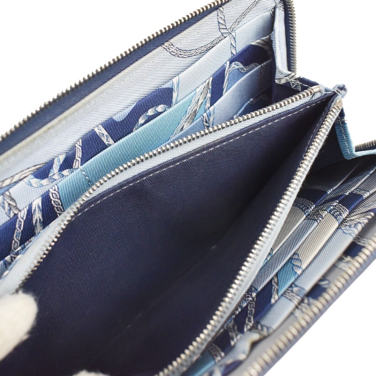 HERMES Azap Silk In Long Zipper Bifold Wallet Purse Leather Blue Silver 37JH641