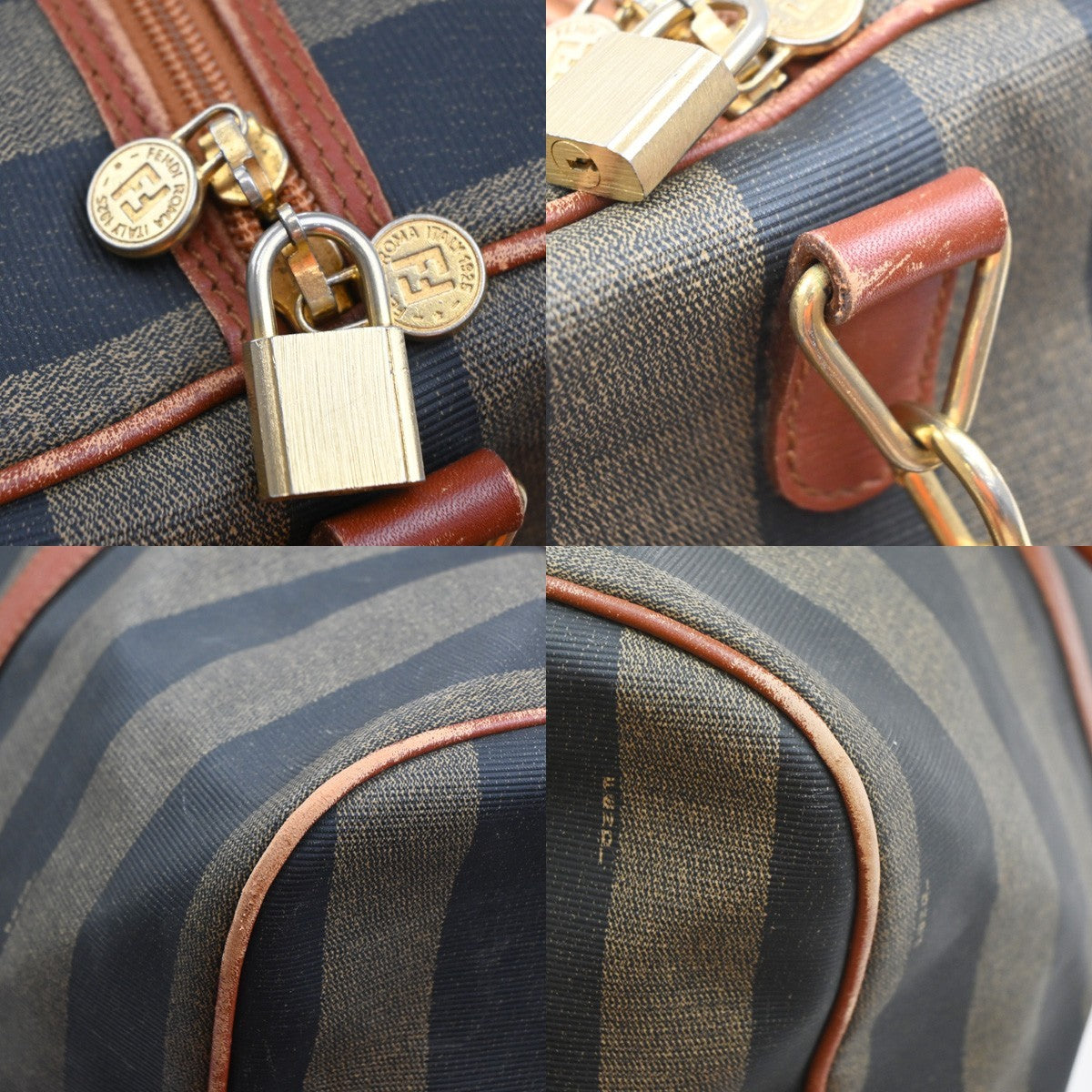 FENDI Logo Pequin Travel Boston 2Way Hand Bag PVC Leather Brown Italy 30YJ156