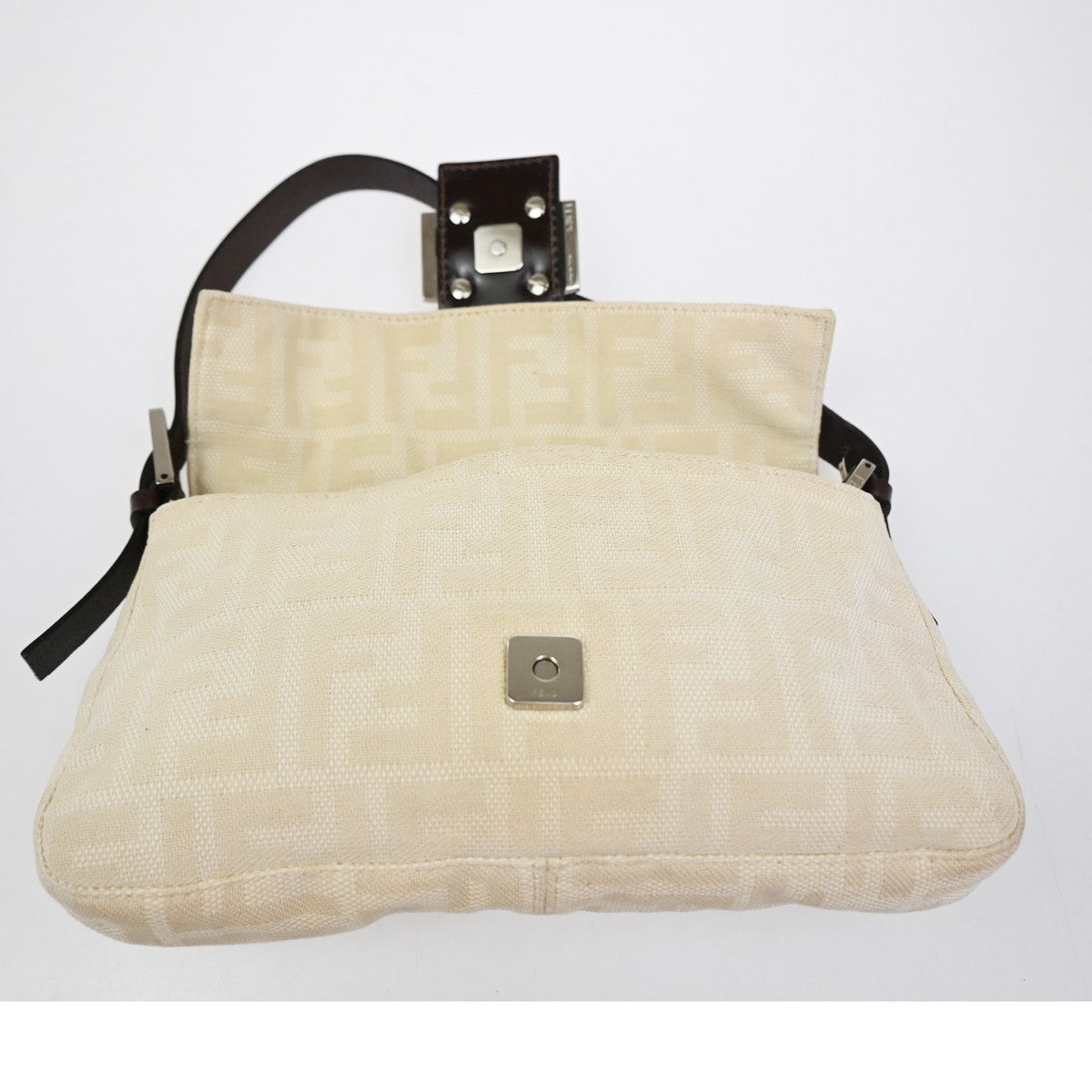 FENDI Mamma Baguette Zucca Shoulder Bag Canvas Leather White SHW Italy 98ZA279