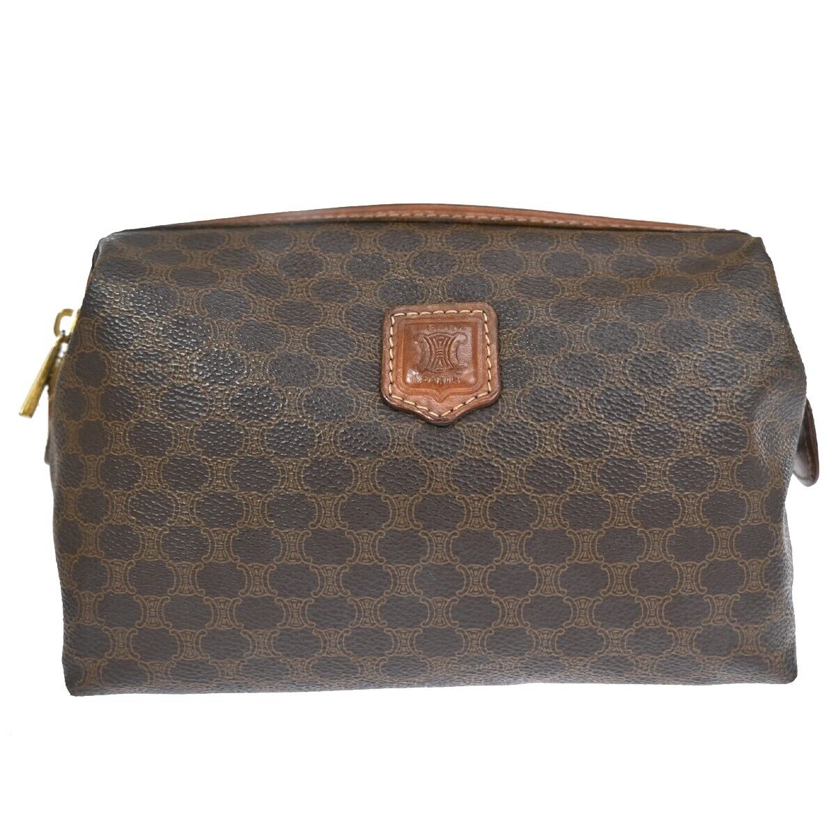 CELINE Logo Macadam Pattern Clutch Hand Bag PVC Leather Brown Italy 02ED480