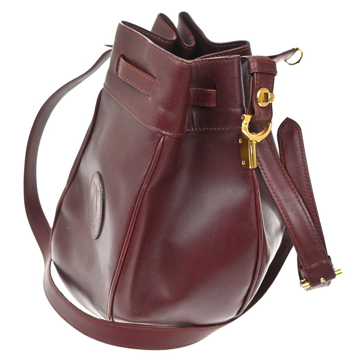 MUST DE CARTIER 2C Logo Drawstring Shoulder Bag Leather Red Gold 67TA426