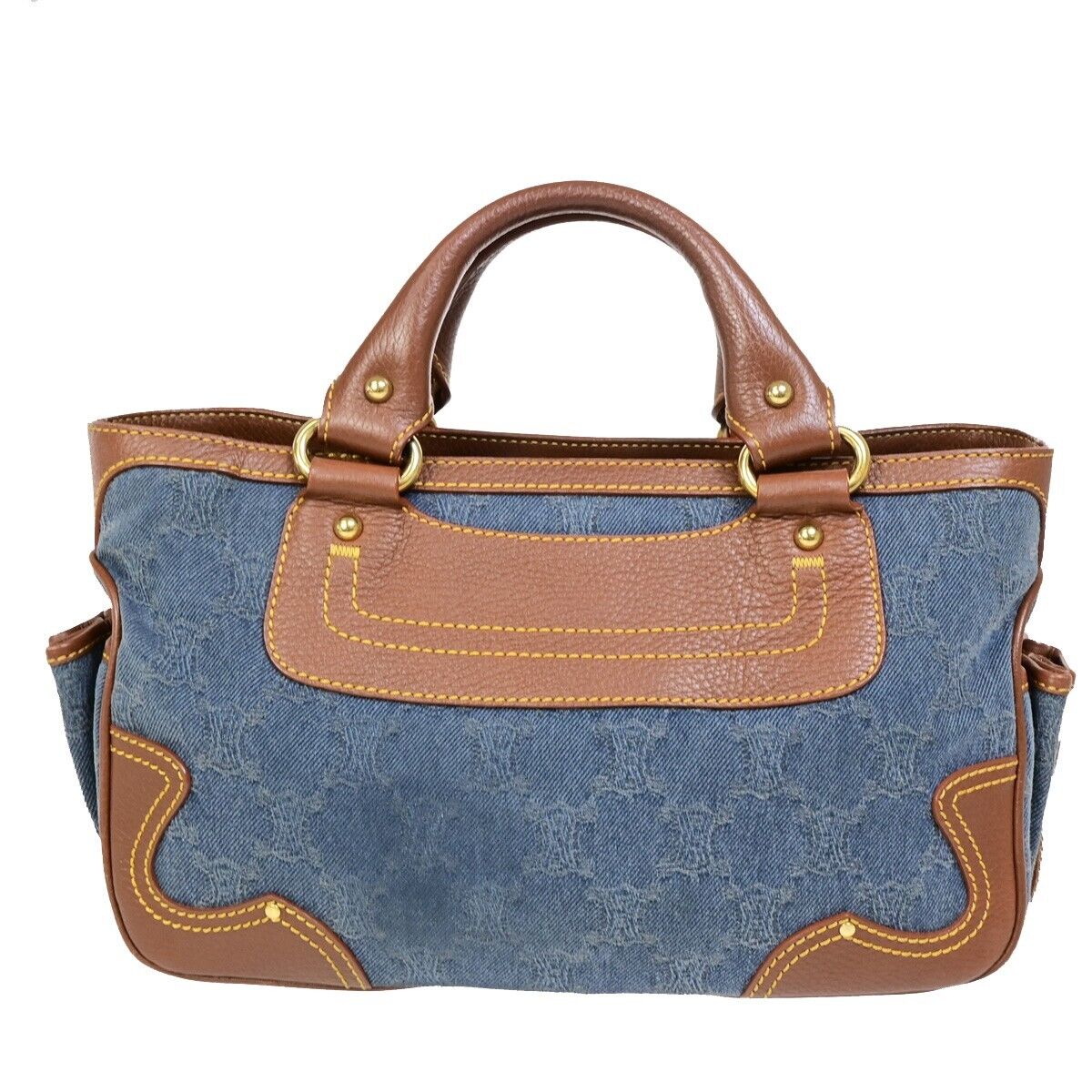 CELINE Logo Macadam Pattern Hand Tote Bag Denim Leather Brown 86FB086