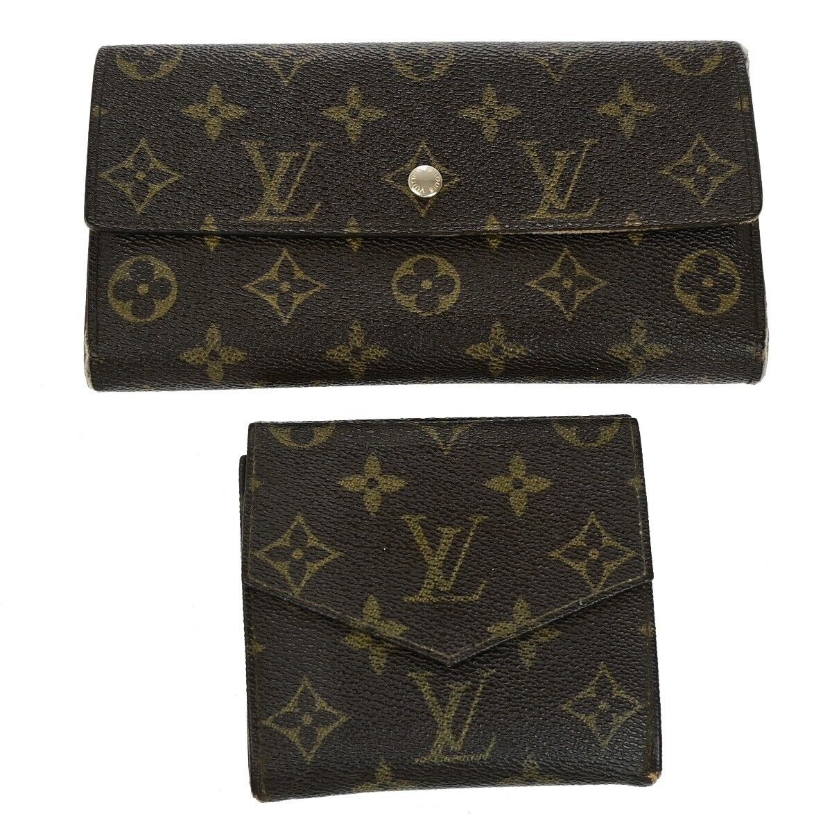 LOUIS VUITTON LV Logo 2 Set Bifold Wallet Monogram Leather Brown 01ED973