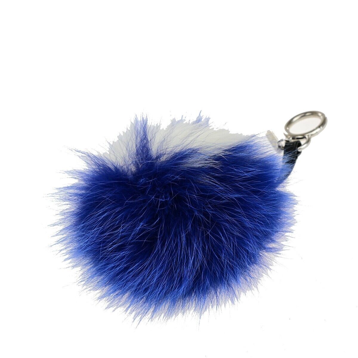 FENDI Logo Pompom Bag Charm Key Ring Chain Fur Leather Blue White SHW 04KA449