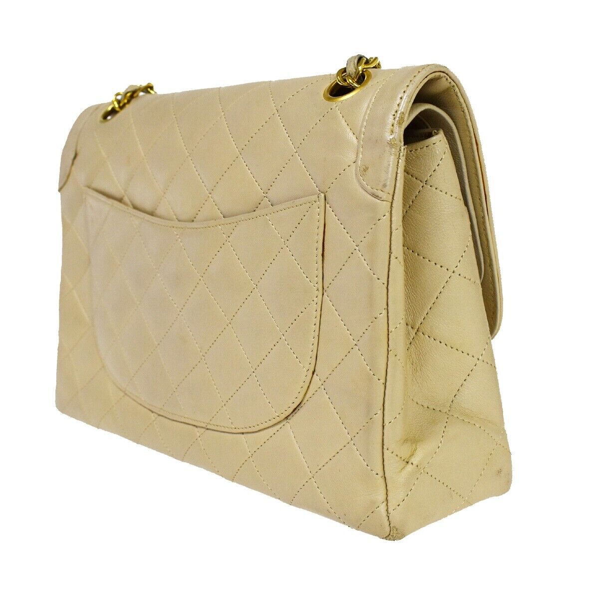 CHANEL CC Double Flap Paris Matelasse Chain Shoulder Bag Beige Vintage 648RH752