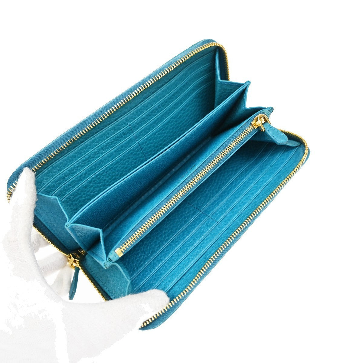 PRADA Logo Long Zipper Around Wallet Vitello Grain Leather Blue Italy 30KB104