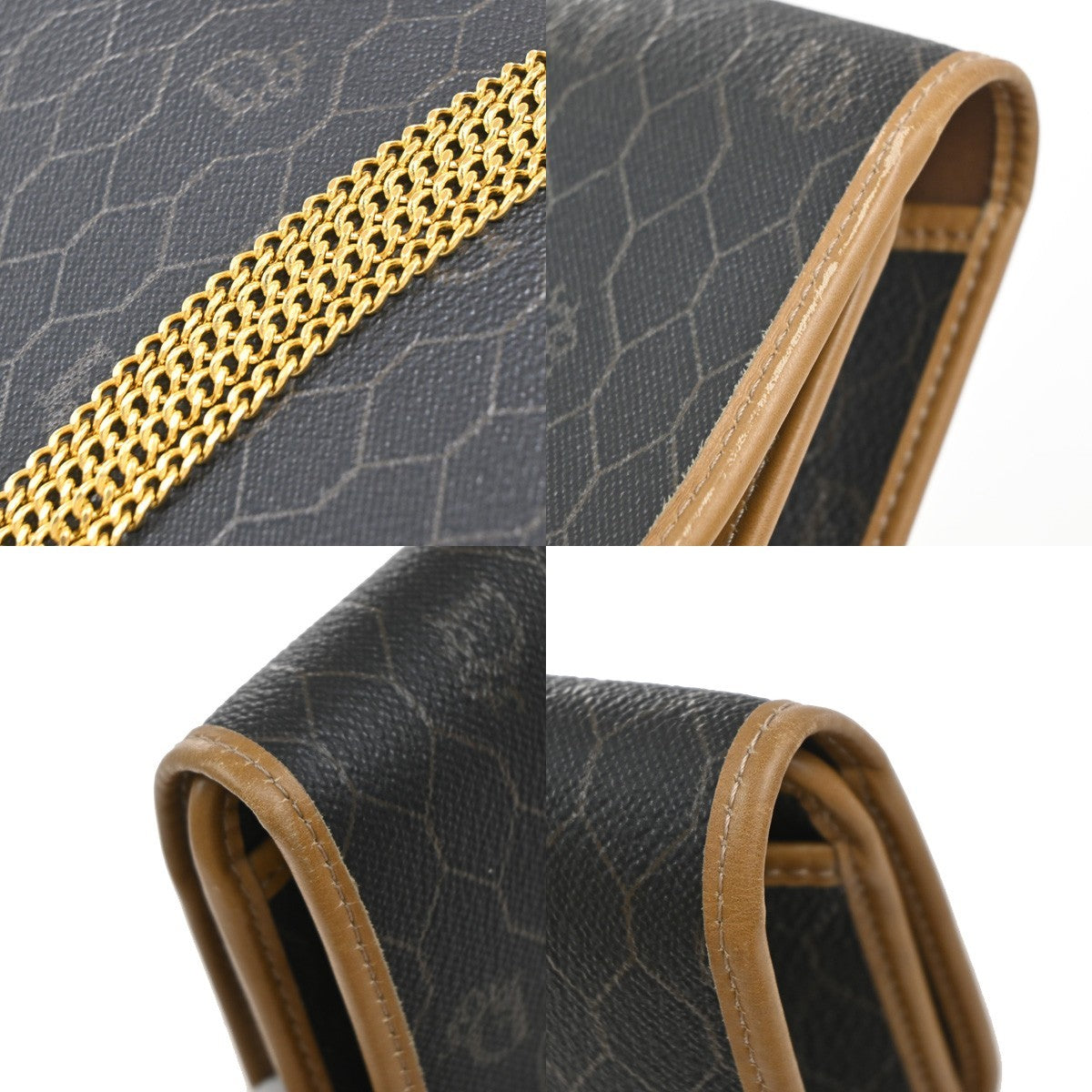 CHRISTIAN DIOR Logos Honeycomb Chain Shoulder Bag PVC Leather Brown Gold 38KP372