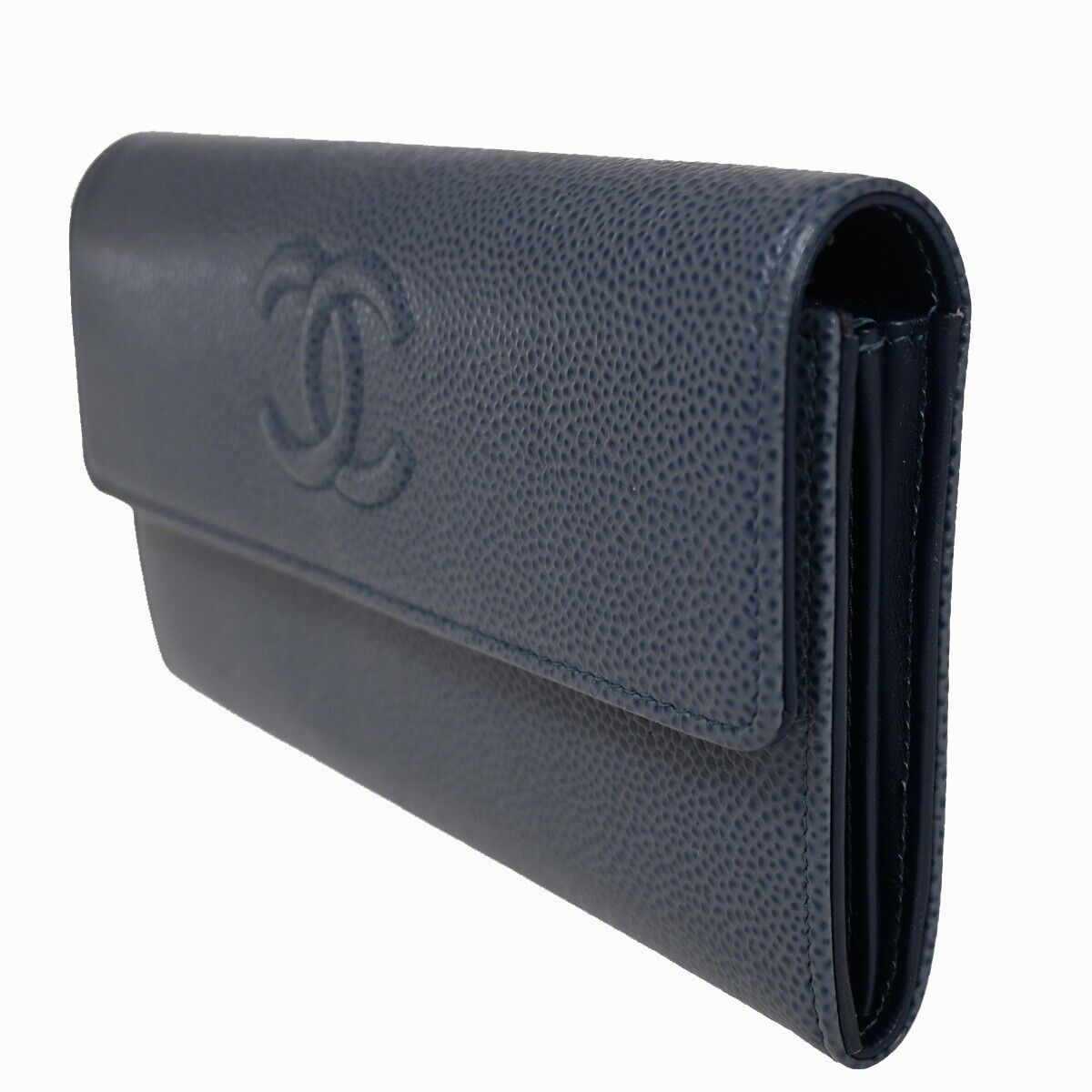 CHANEL CC Logo Long Wallet Purse Caviar Skin Leather Blue SHW 72RF120