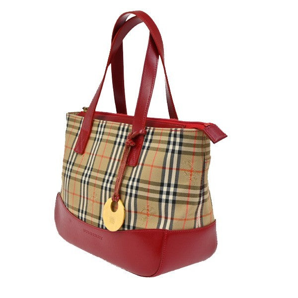 BURBERRY Logo Handbag Canvas Leather Beige Red Charm Gold 32RL572