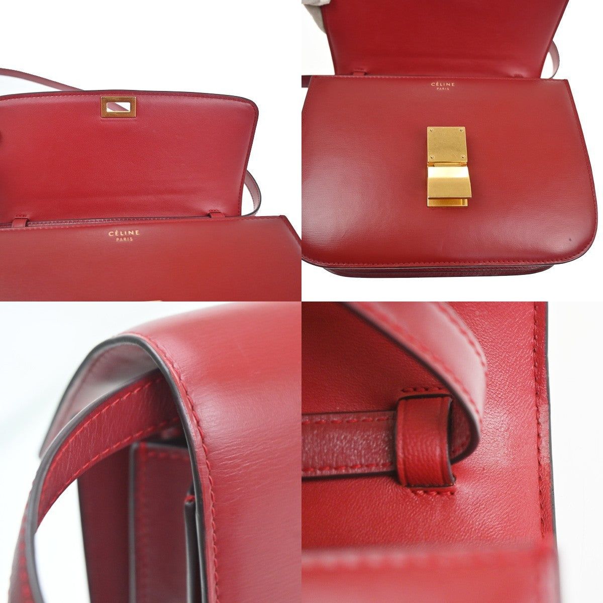 CELINE Logo Classic Box Flap Shoulder Bag Leather Red GHW Italy 92MA438