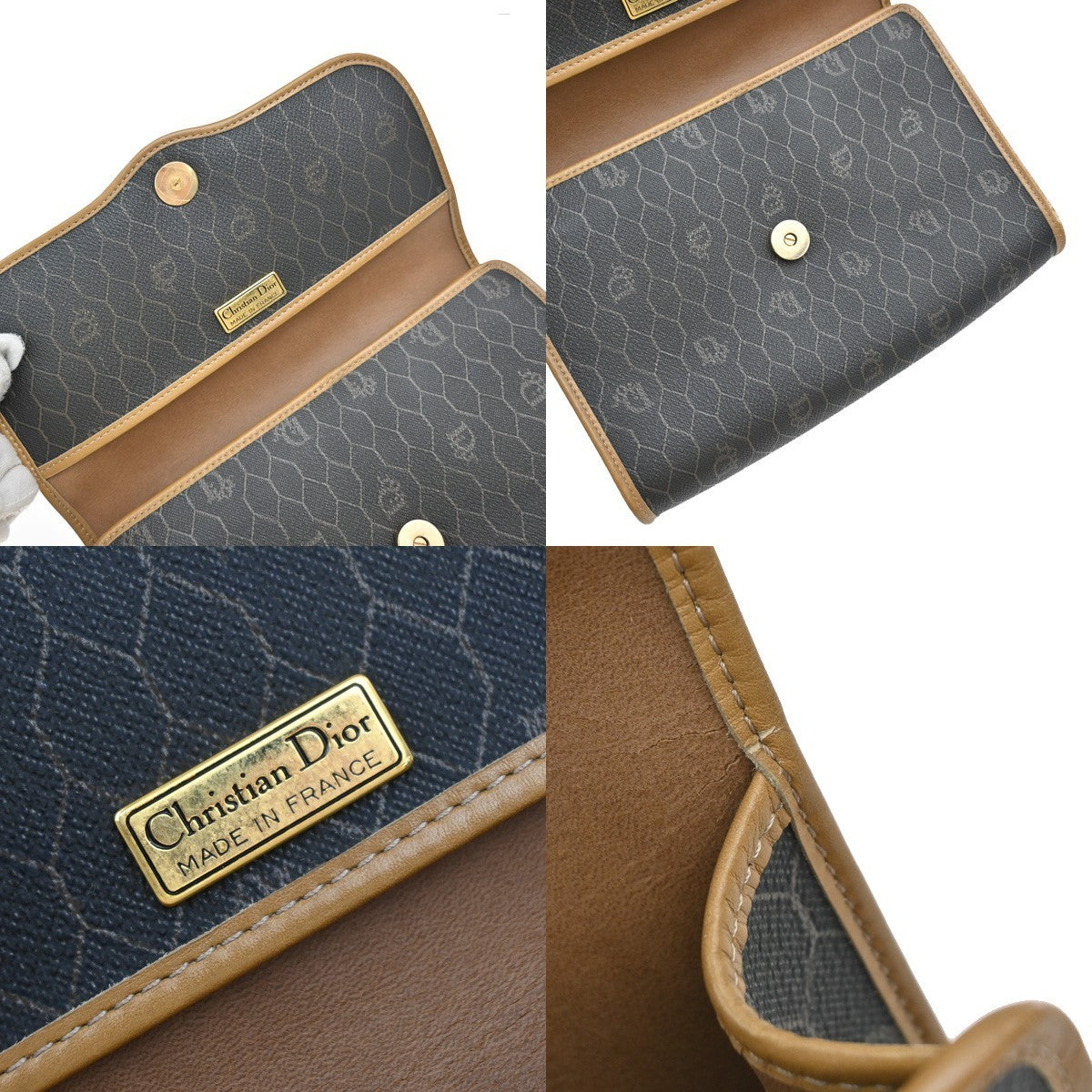 CHRISTIAN DIOR Logos Honeycomb Chain Shoulder Bag PVC Leather Brown Gold 38KP372