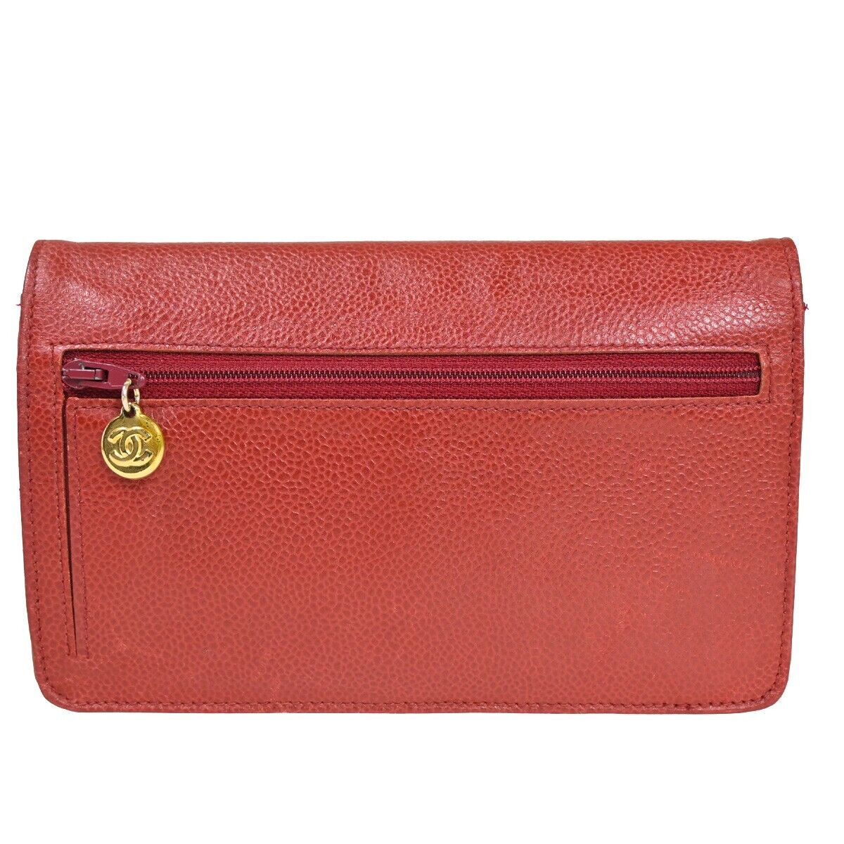 CHANEL CC Logo Chain Shoulder Bag Bifold Wallet Caviar skin Leather Red 671RJ655