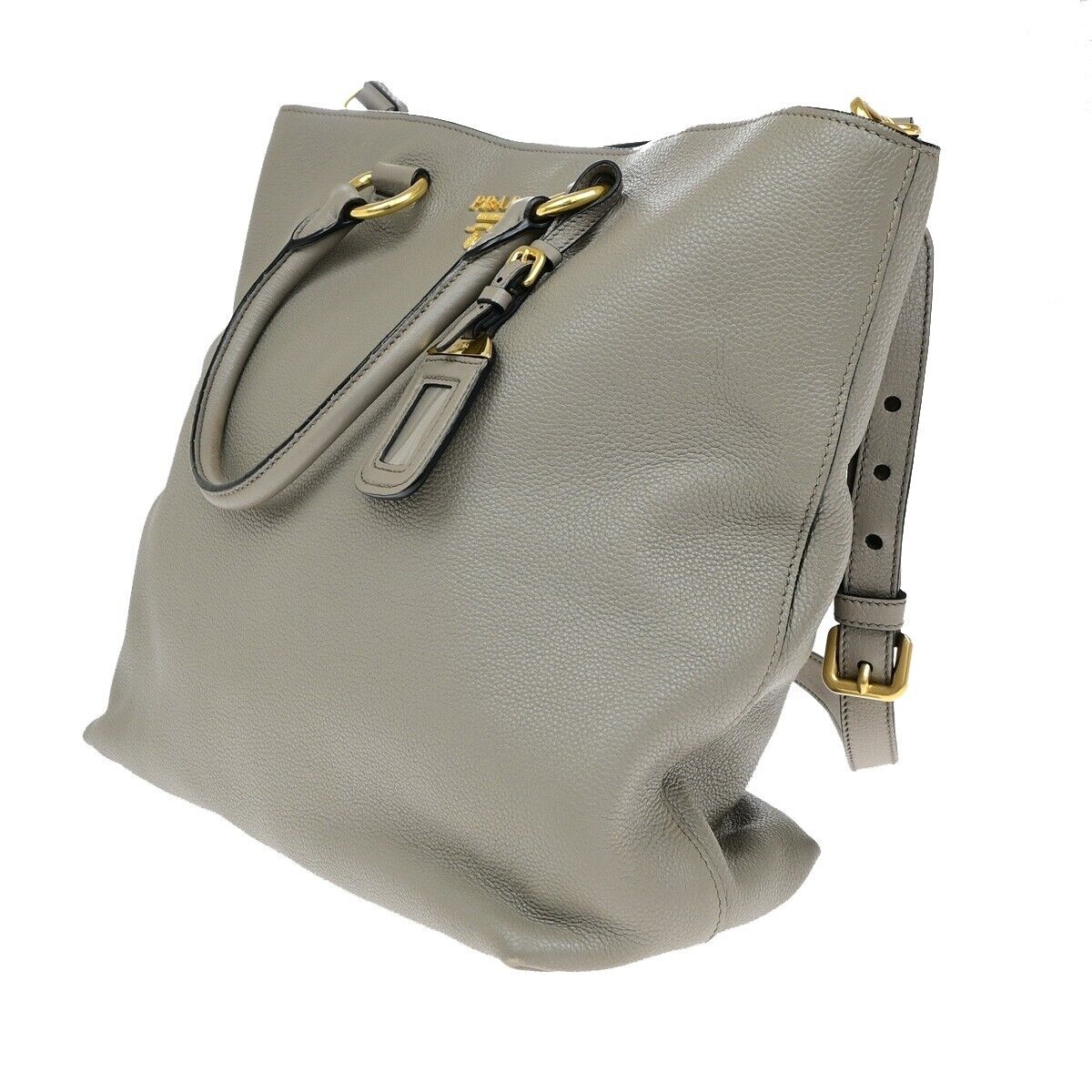 PRADA MILNO Logo 2Way Shoulder Hand Bag Vitello Phenix Leather Gray GHW 83ED876