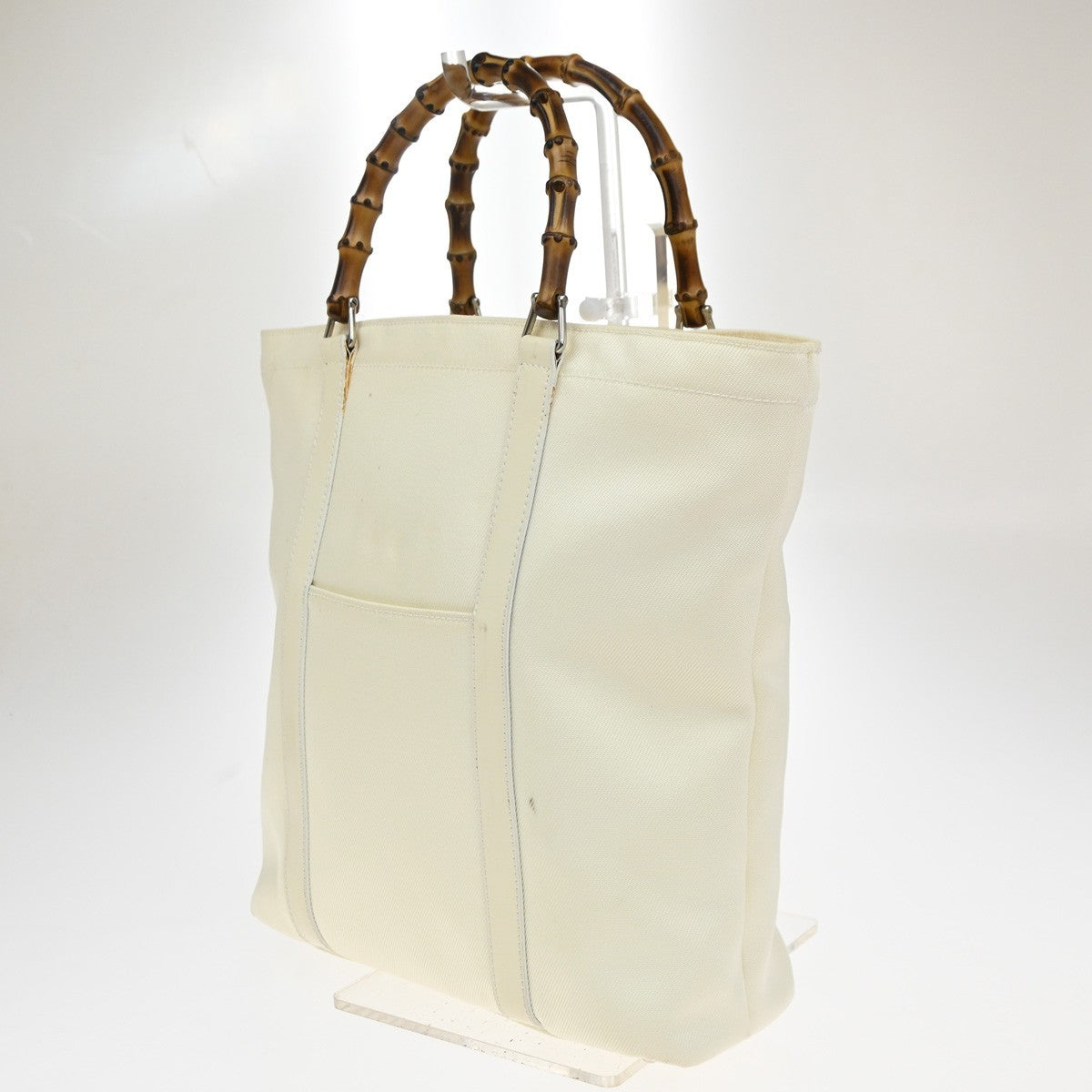 GUCCI Logo Bamboo Handbag Nylon Patent Leather White SHW Italy 66CA341