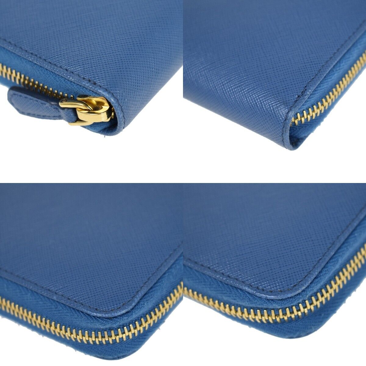 PRADA Logo Long Bifold Organizer Wallet Purse Saffiano Leather Blue Gold 89RH569