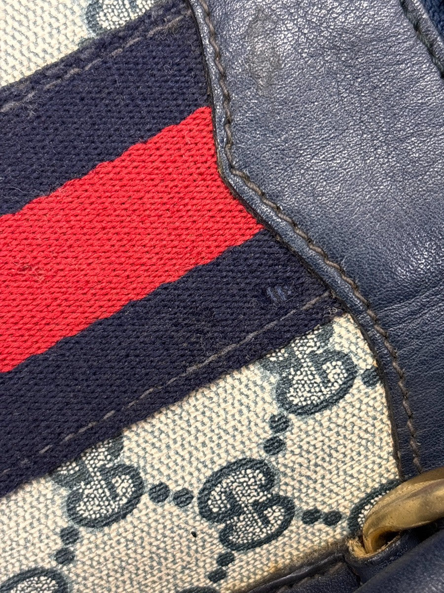 GUCCI Logo GG Pattern Sherry Boston Hand Bag PVC Leather Navy Blue Italy 68MA649