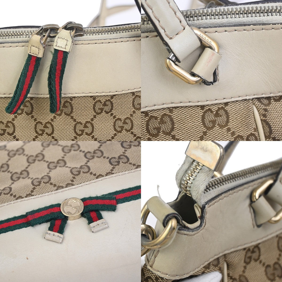 GUCCI GG Sherry Ribbon 2Way Shoulder Hand Bag Canvas Leather Ivory Italy 38KC760