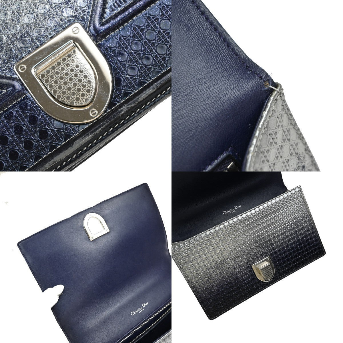 CHRISTIAN DIOR Diorama Chain Shoulder Bag Embossing Leather Blue Silver 12EG331