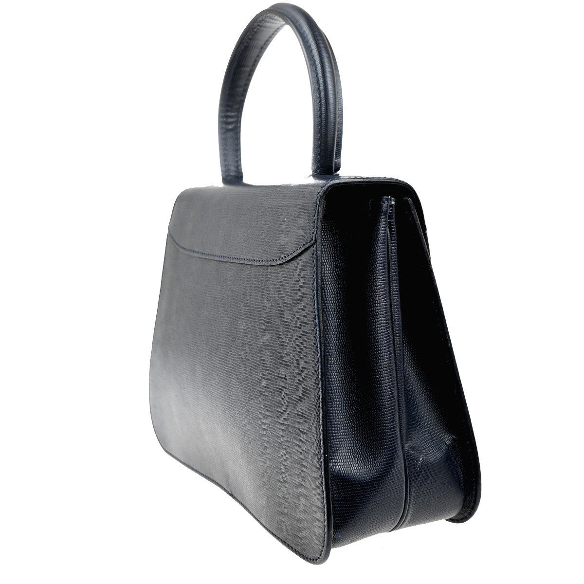 CELINE Circle Logo Tote Hand Bag Embossing Leather Navy Blue GHW 62KC507