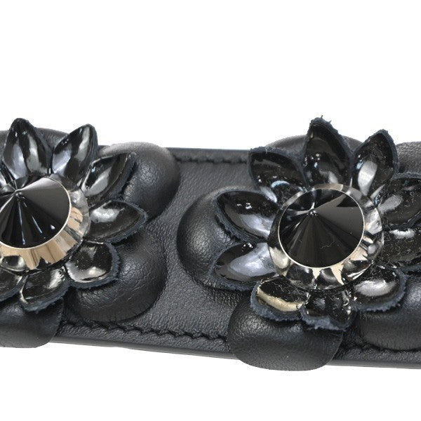 FENDI Logo Bag Shoulder Strap Flower Studs Leather Black SHW Italy 30KP492
