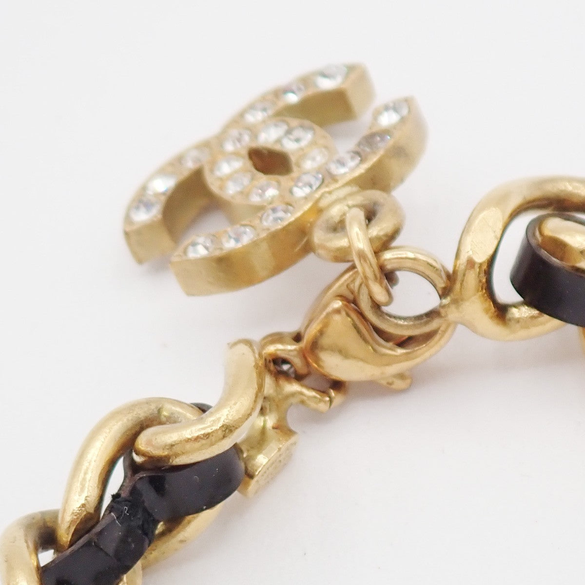 CHANEL CC Rhinestone Chain Bracelet Anklet Leather 95P GHW Black Vintage 12RL959