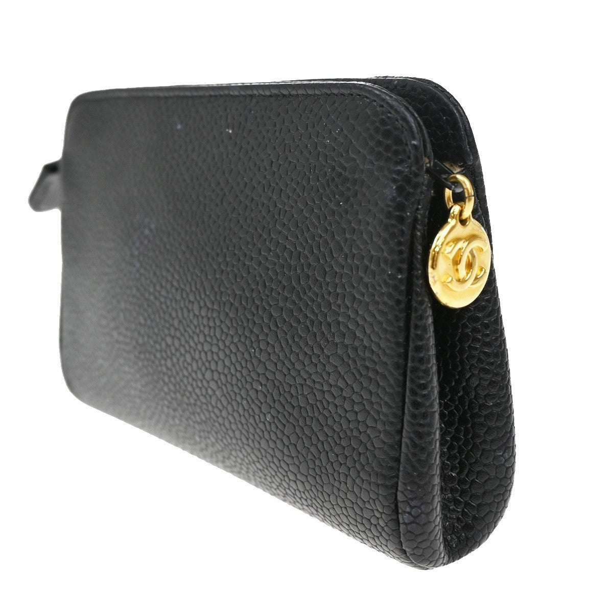 CHANEL CC Pouch Grained Calfskin Leather Black Gold Italy 34TA373