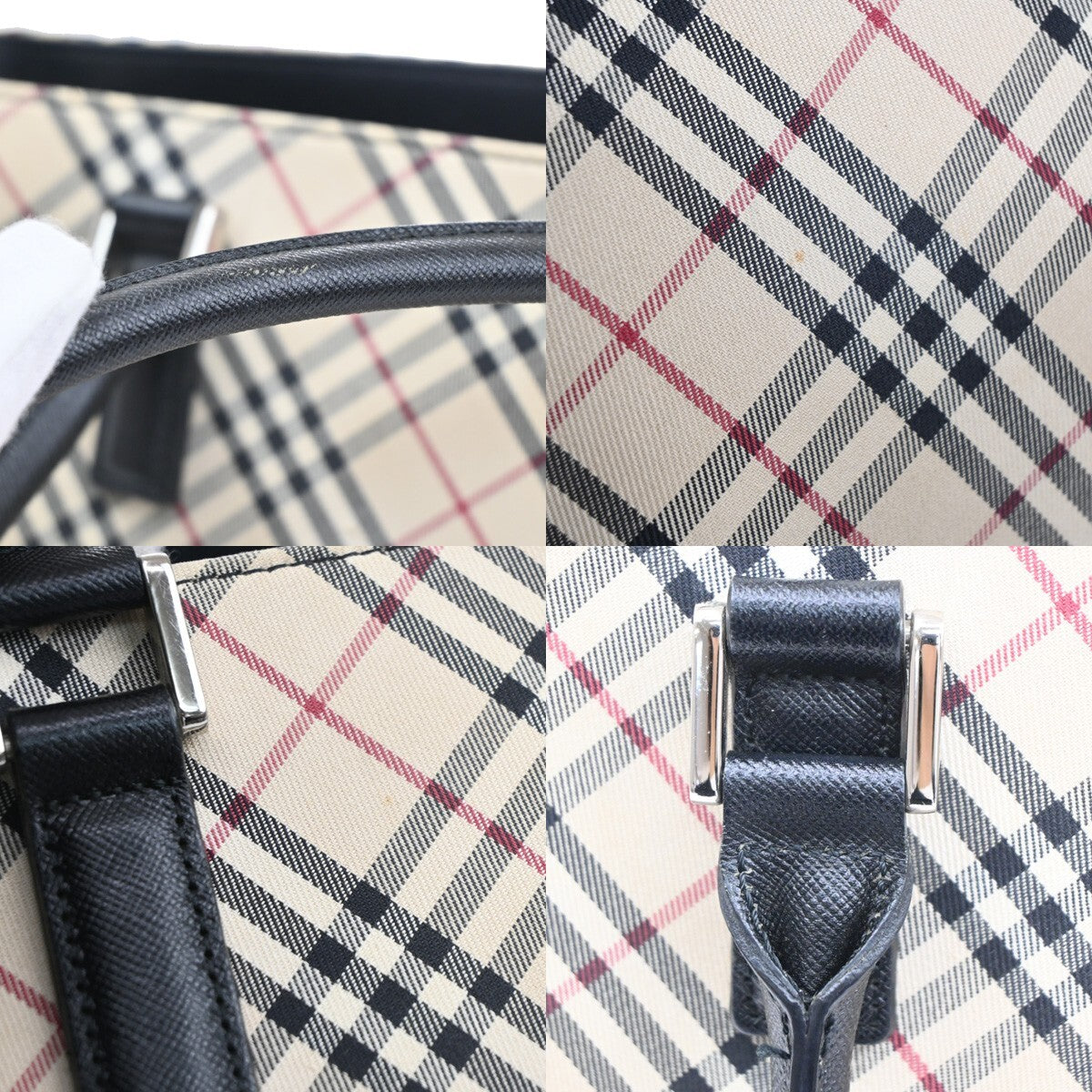 BURBERRY Logo Nova Check Hand Tote Bag Canvas Leather Beige Black Silver 69FB657