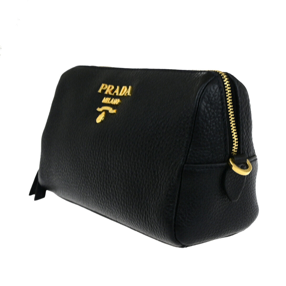 PRADA Logo Cosmetic Pouch VITTELO DAINO Leather Black GHW 32SJ082