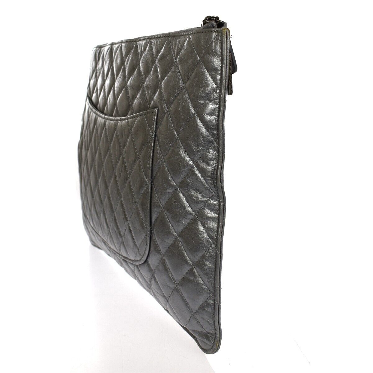 CHANEL Logo Matelasse Clutch Hand Bag Leather Silver Italy 89GA417