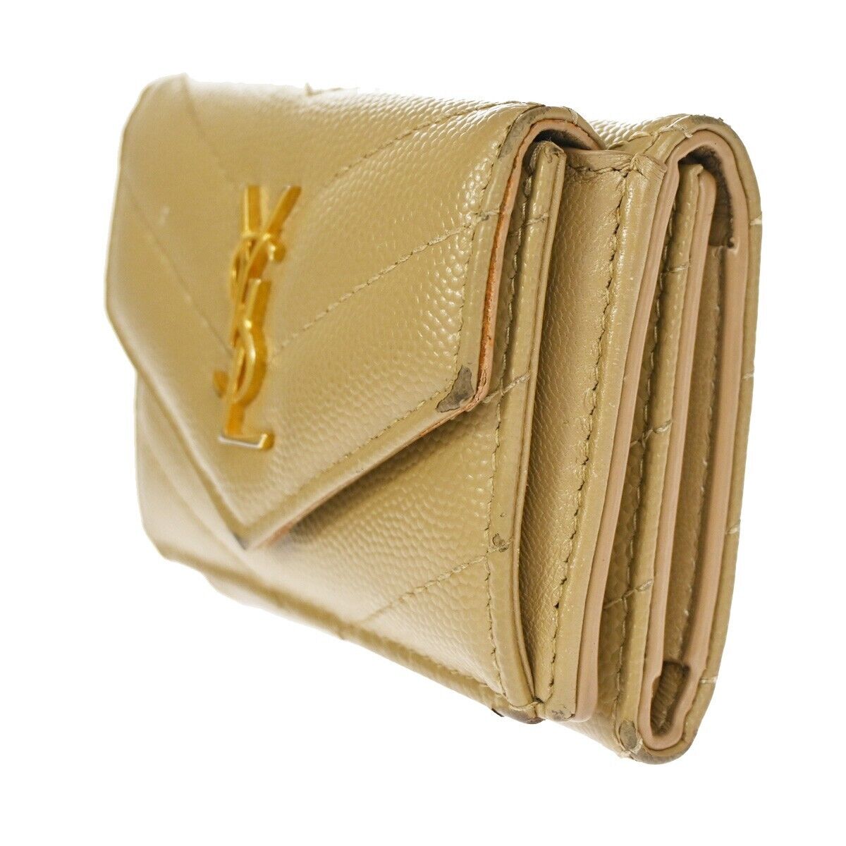 SAINT LAURENT YSL Logo Trifold Wallet Purse Leather Beige Gold Italy 66SH093