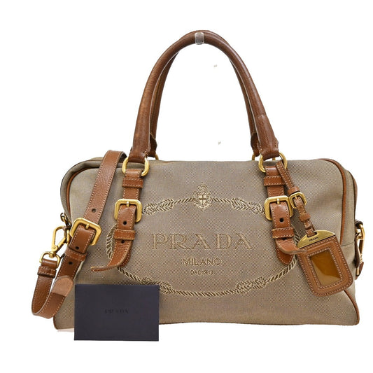 PRADA MILANO Logo Jacquard 2Way Shoulder Hand Bag Canvas Leather Brown 69EE318