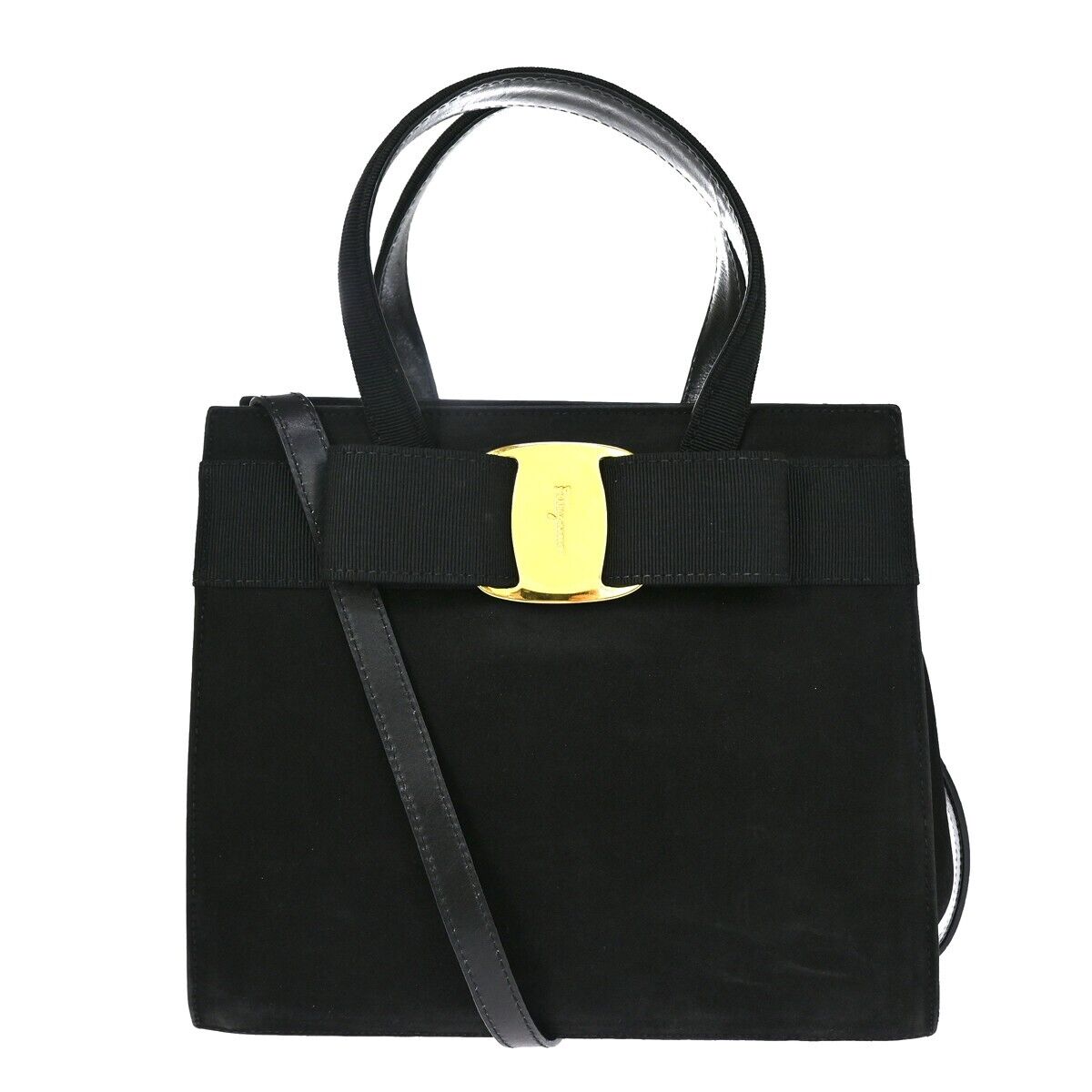 SALVATORE FERRAGAMO LOGO Vara 2Way Hand Bag Suede Leather Black Gold 64EA165