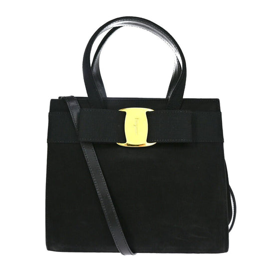 SALVATORE FERRAGAMO LOGO Vara 2Way Hand Bag Suede Leather Black Gold 64EA165