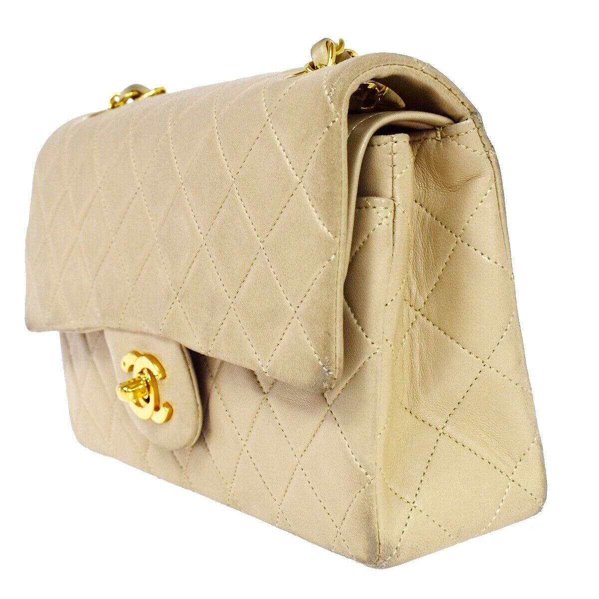 CHANEL CC Matelasse 23 Double Flap Chain Shoulder Bag Leather Beige GD 805RC566