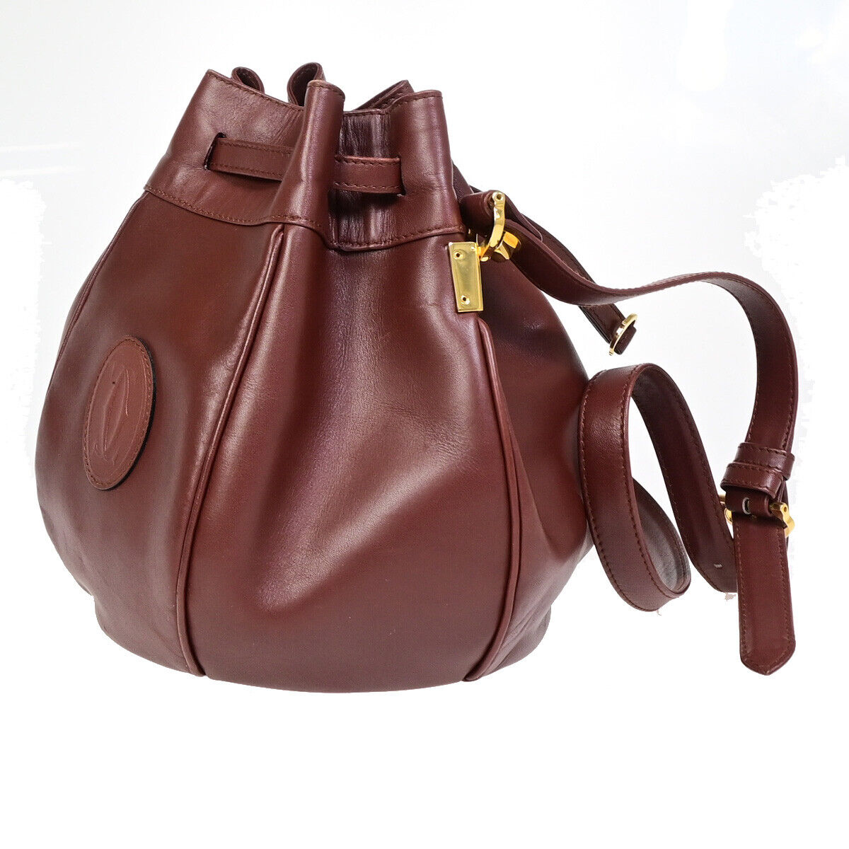 MUST DE CARTIER 2C Logo Drawstring Shoulder Bag Leather Bordeaux GHW 64YE754