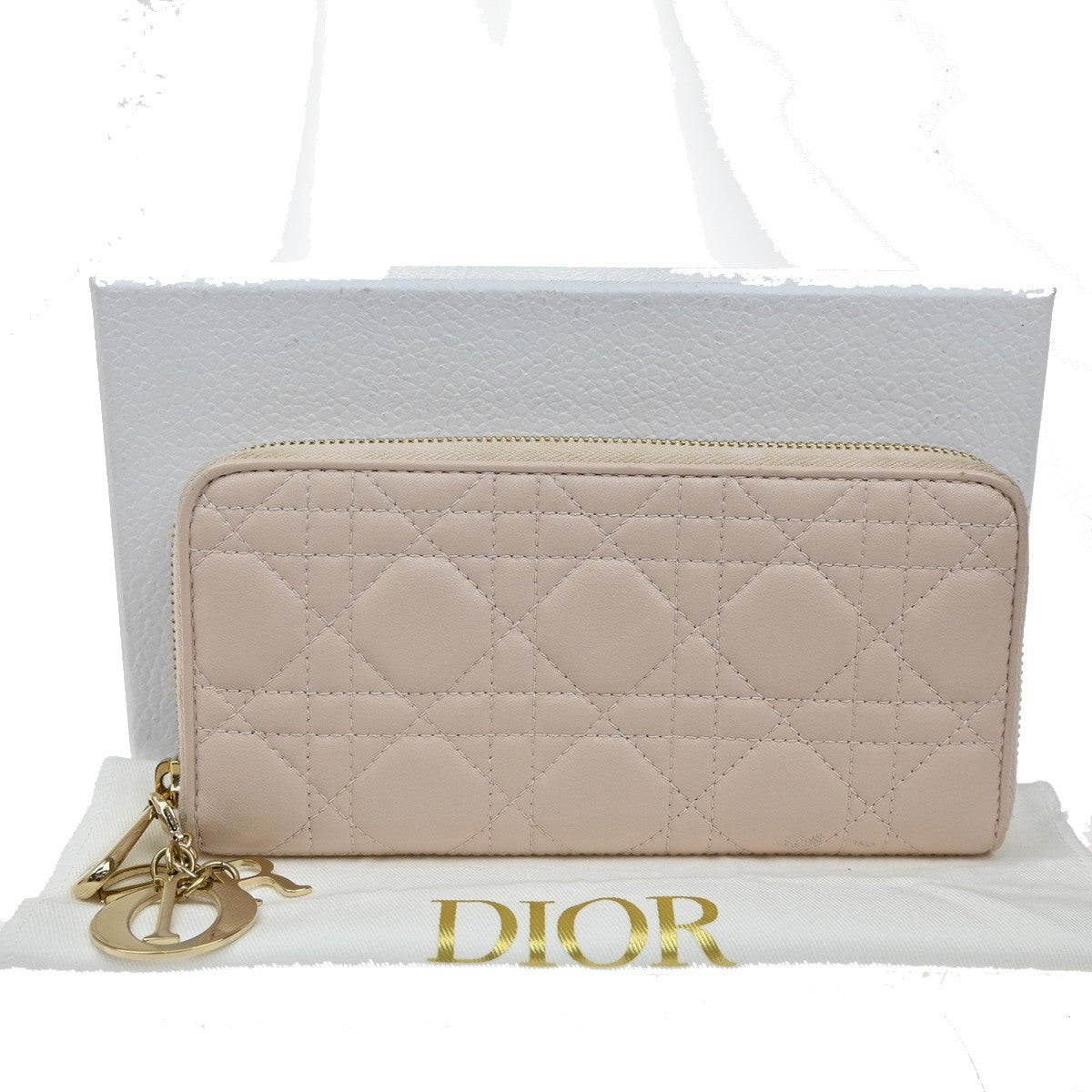 CHRISTIAN DIOR Logo Cannage Zipper Around Long Wallet Leather Pink GHW 80KB338