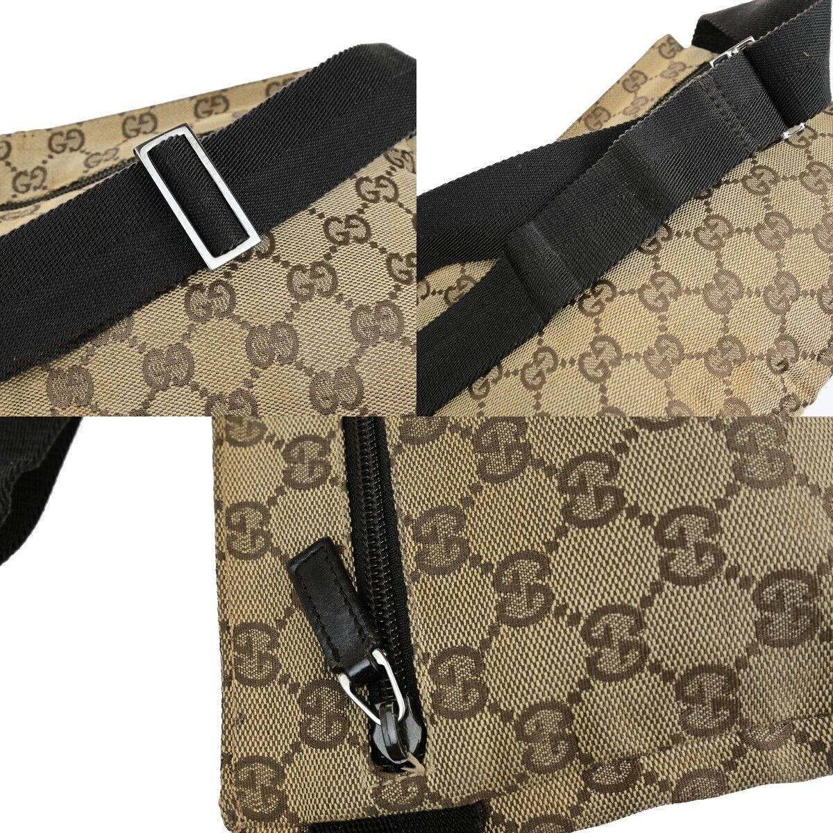 GUCCI Logo GG Pattern Bum Bag Belt Canvas Leather Brown Silver Italy 30ED208